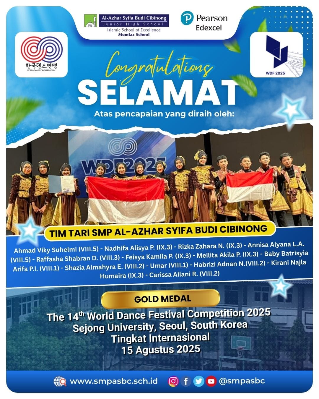 SMP Al Azhar Syifa Budi Cibinong Raih Medali Emas, Dalam World Dance Festival Competition 2025