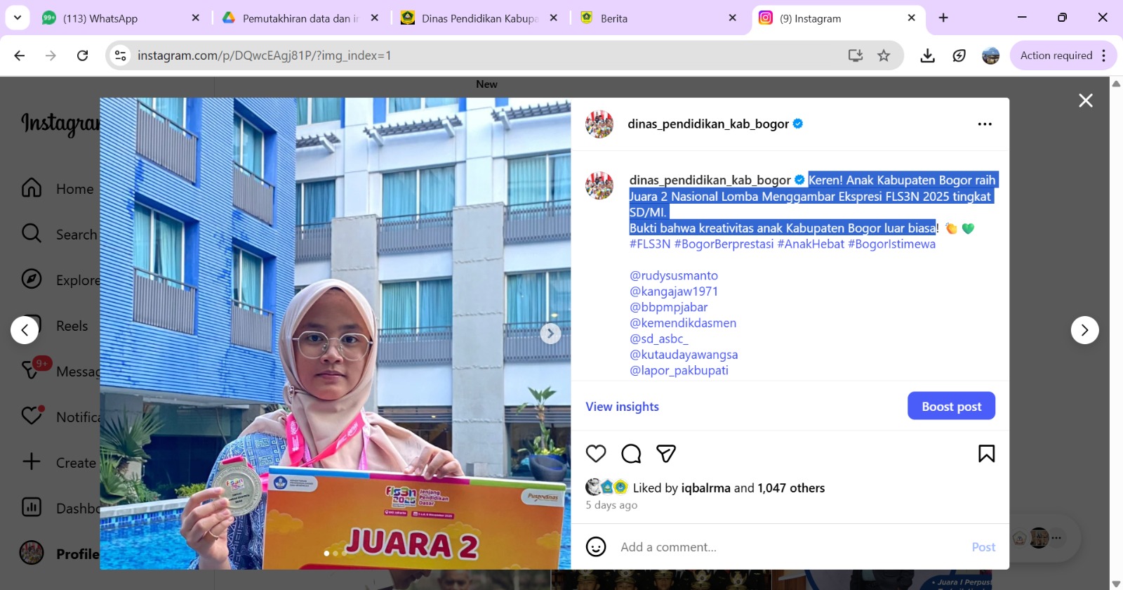 Keren! Anak Kabupaten Bogor raih Juara 2 Nasional Lomba Menggambar Ekspresi FLS3N 2025 tingkat SD/MI. Bukti bahwa kreativitas anak Kabupaten Bogor luar biasa