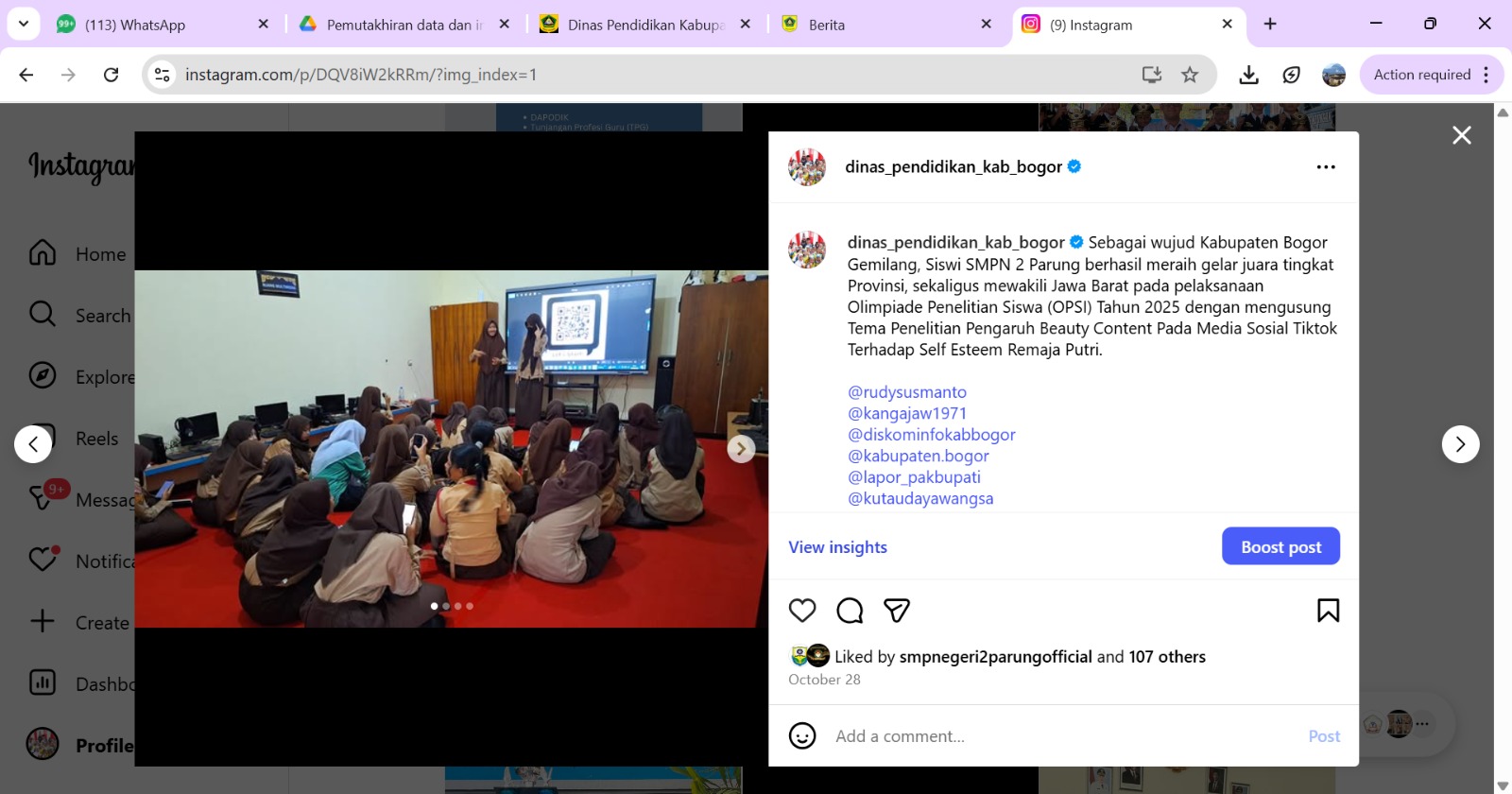 Siswi SMPN 2 Parung berhasil meraih gelar juara tingkat Provinsi